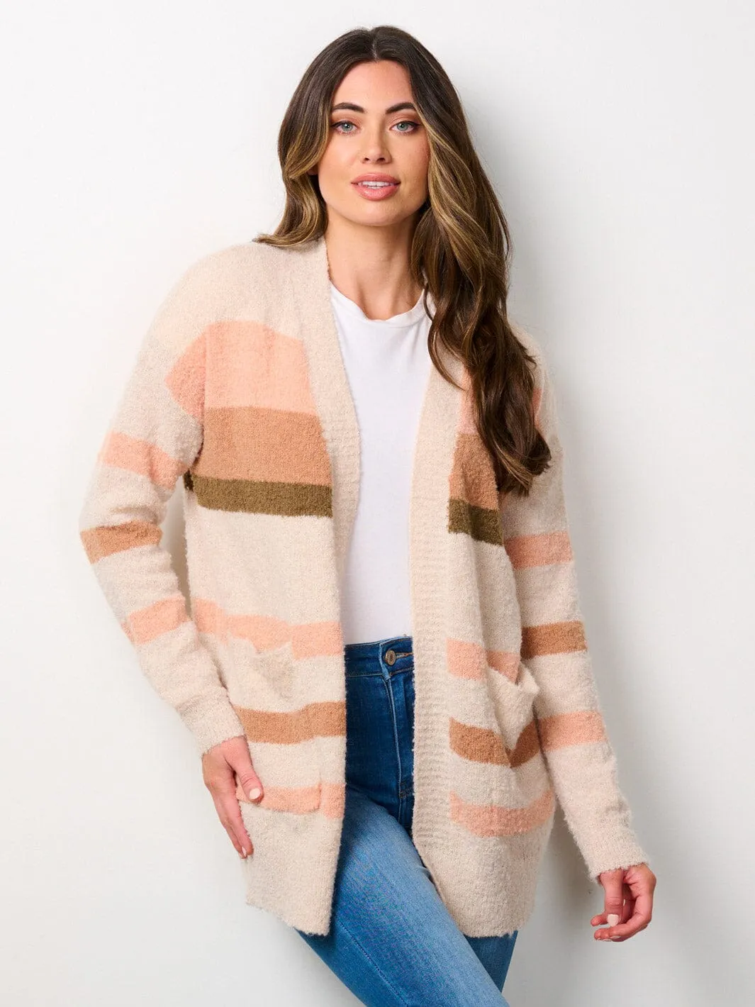 WOMEN'S LONG SLEEVE COLORBLOCK OPEN FRONT POCKETS CARDIGAN