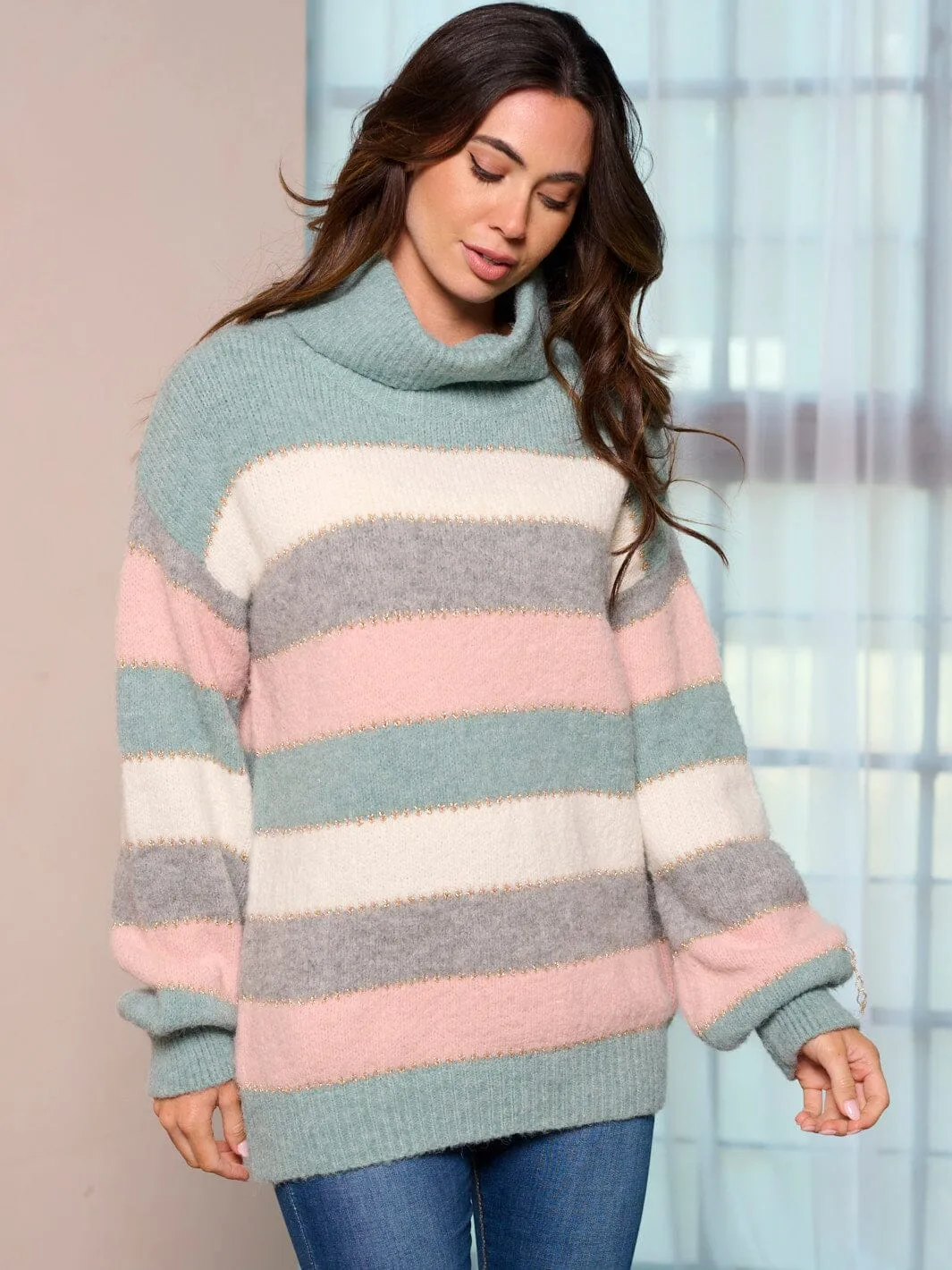WOMEN'S LONG SLEEVE COLORBLOCK STRIPES TURTLE NECK PULLOVER SWEATER