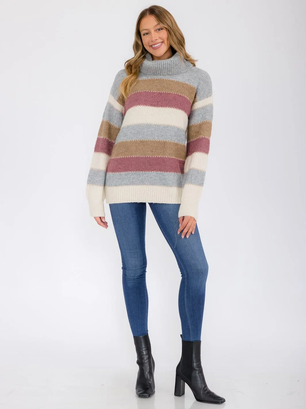 WOMEN'S LONG SLEEVE COLORBLOCK STRIPES TURTLE NECK PULLOVER SWEATER