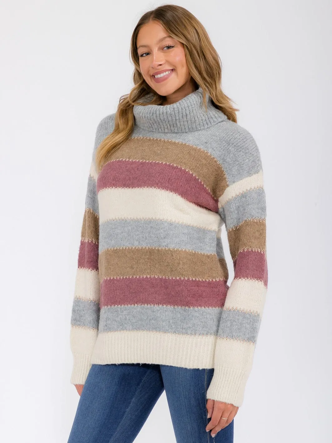 WOMEN'S LONG SLEEVE COLORBLOCK STRIPES TURTLE NECK PULLOVER SWEATER