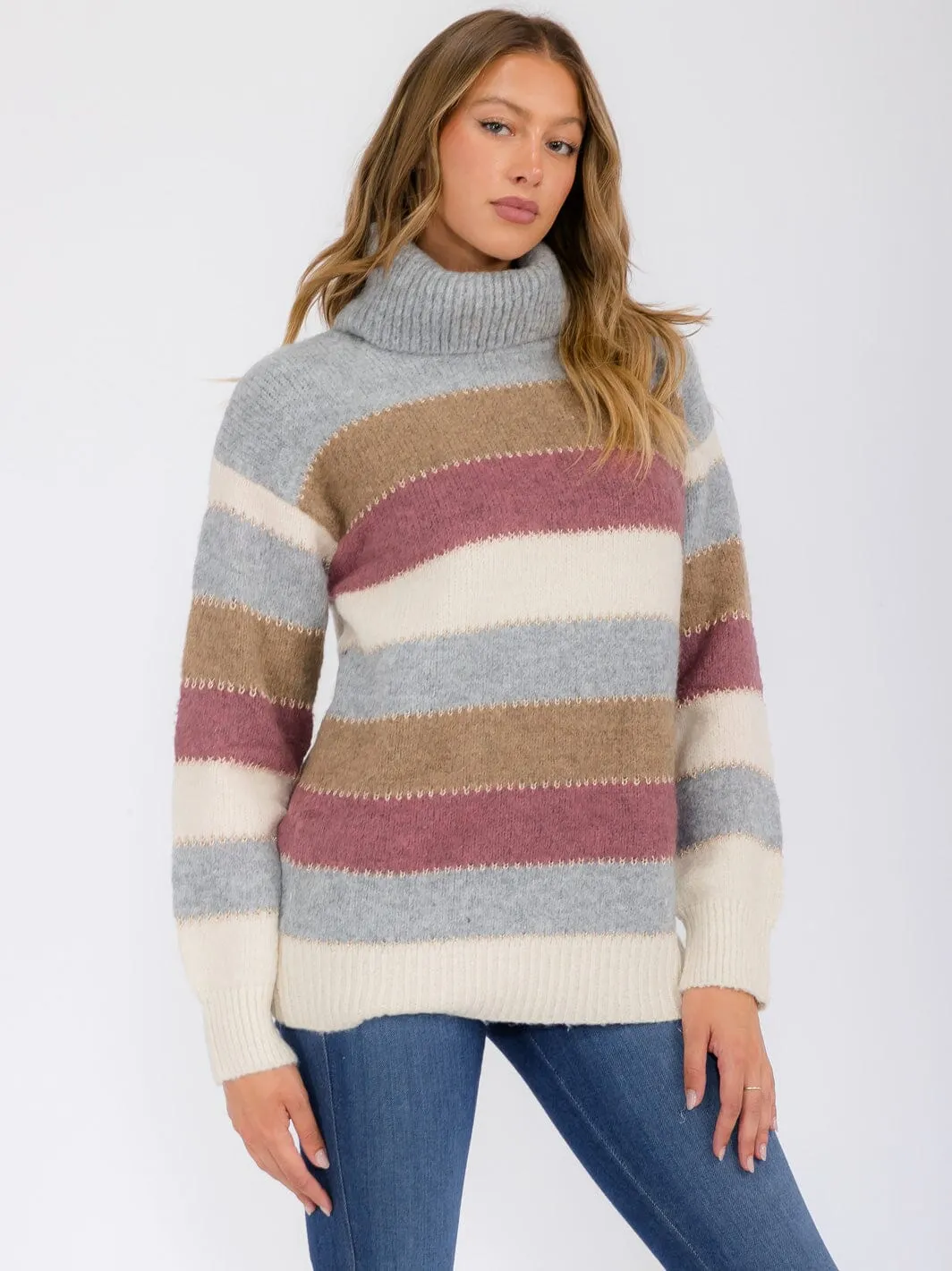 WOMEN'S LONG SLEEVE COLORBLOCK STRIPES TURTLE NECK PULLOVER SWEATER