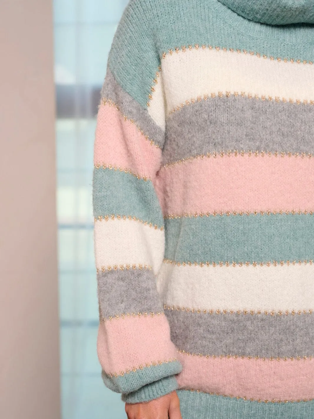 WOMEN'S LONG SLEEVE COLORBLOCK STRIPES TURTLE NECK PULLOVER SWEATER