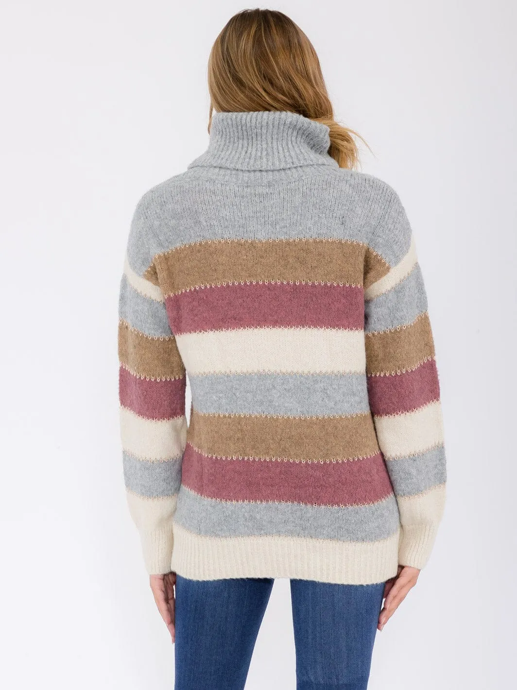 WOMEN'S LONG SLEEVE COLORBLOCK STRIPES TURTLE NECK PULLOVER SWEATER
