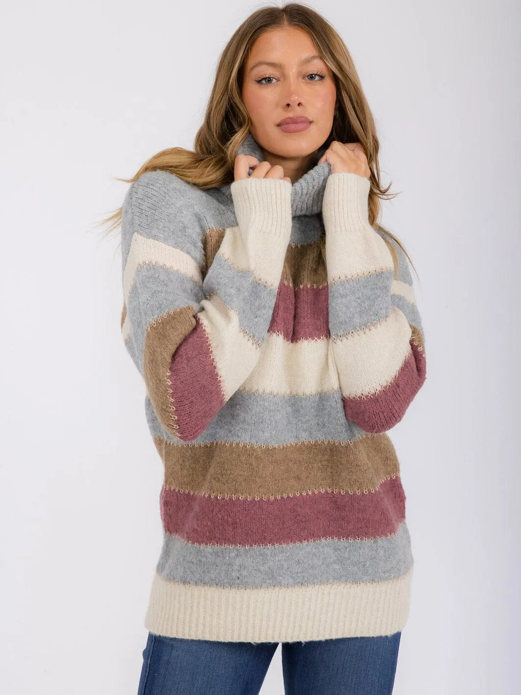WOMEN'S LONG SLEEVE COLORBLOCK STRIPES TURTLE NECK PULLOVER SWEATER