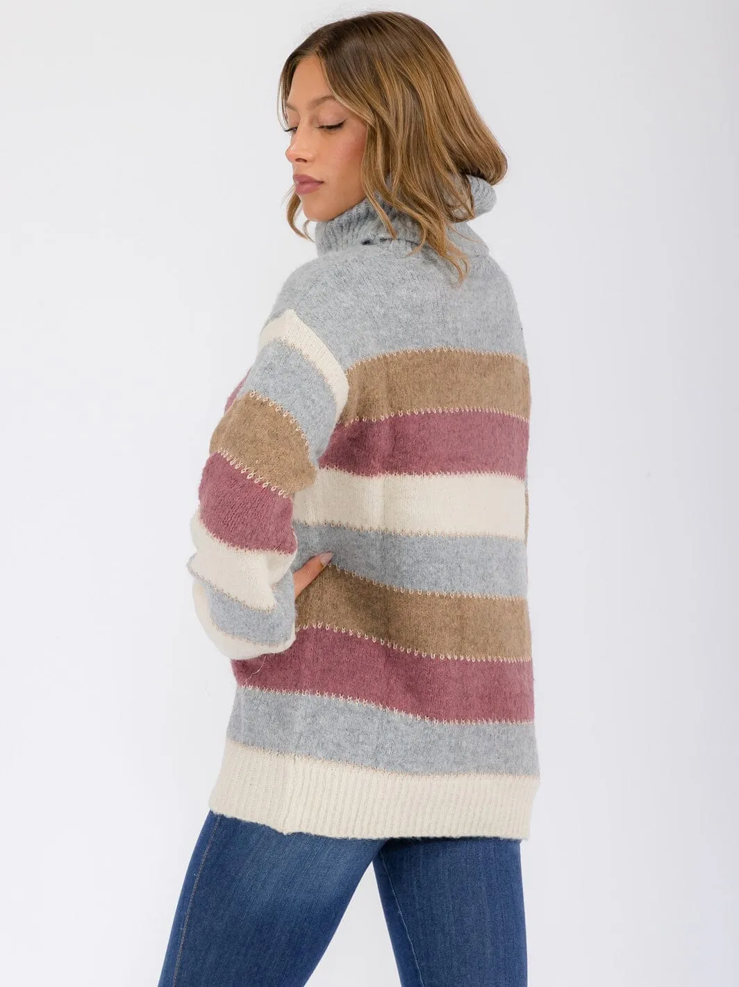 WOMEN'S LONG SLEEVE COLORBLOCK STRIPES TURTLE NECK PULLOVER SWEATER