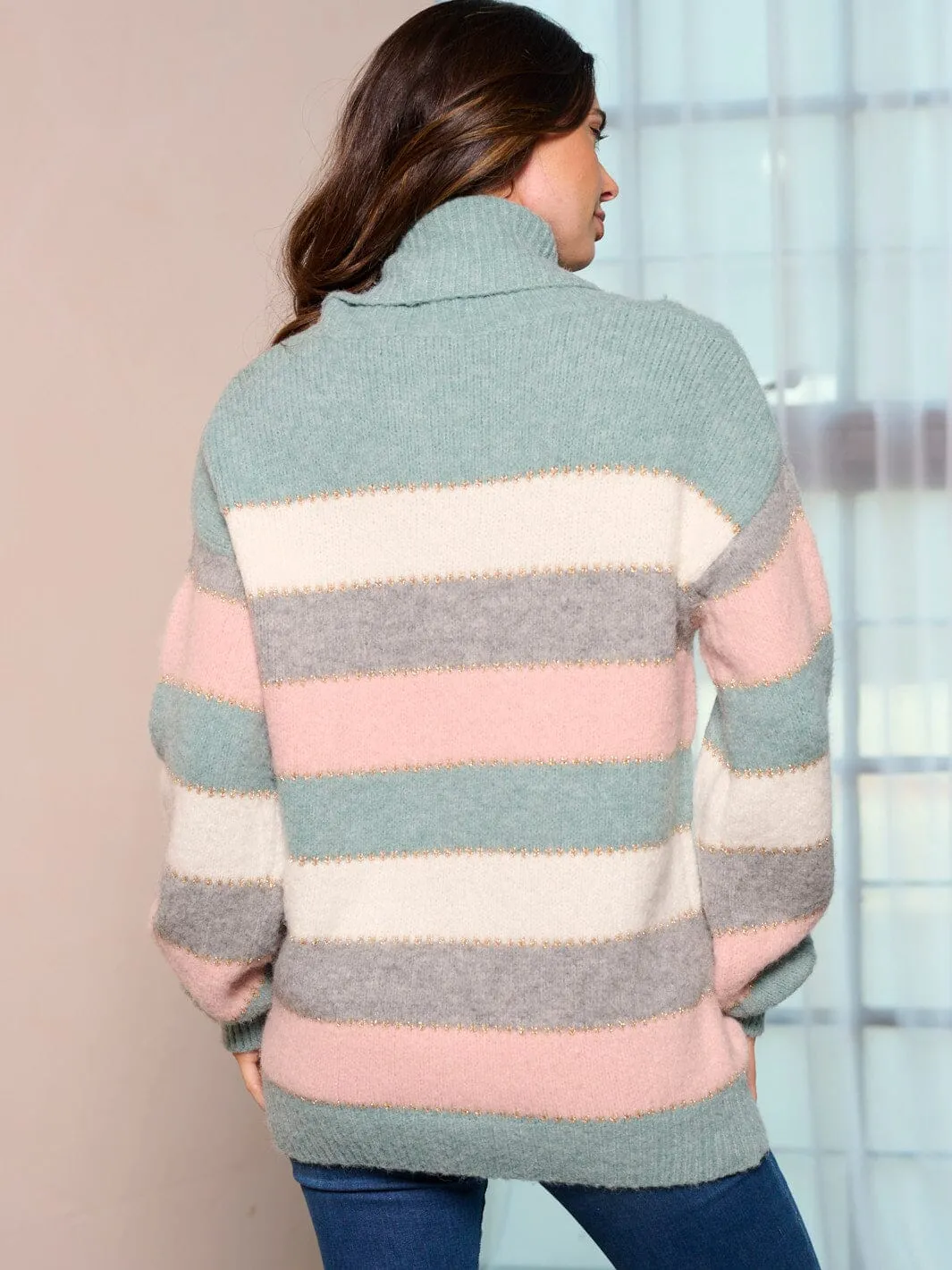 WOMEN'S LONG SLEEVE COLORBLOCK STRIPES TURTLE NECK PULLOVER SWEATER