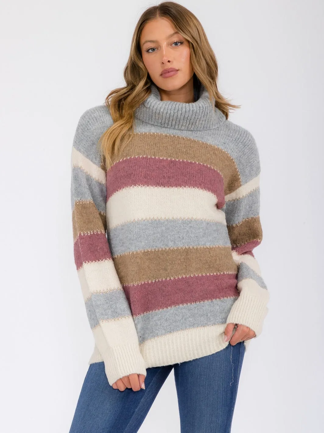 WOMEN'S LONG SLEEVE COLORBLOCK STRIPES TURTLE NECK PULLOVER SWEATER