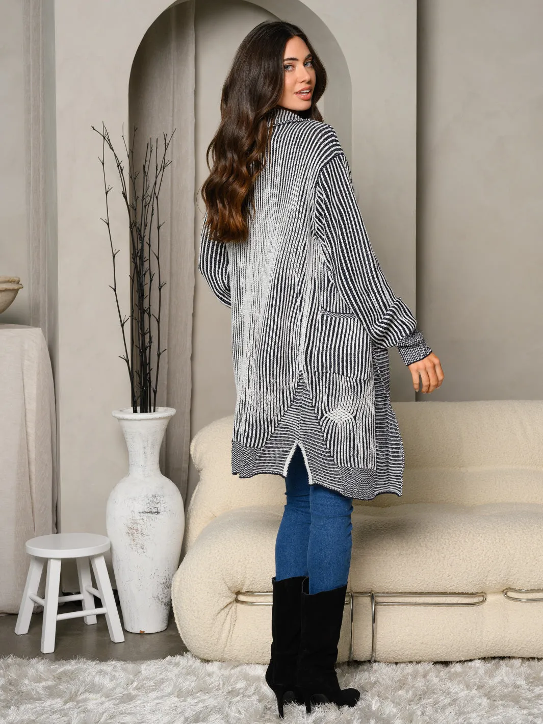 WOMEN'S LONG SLEEVE KNIT POCKETS OPEN CARDIGAN