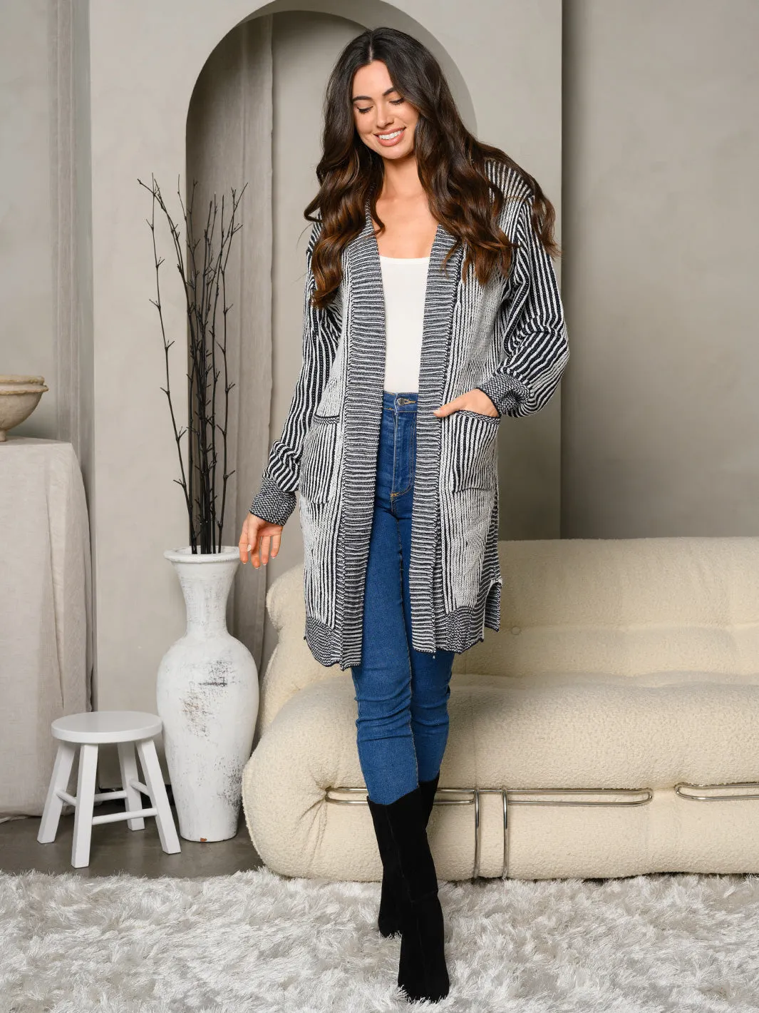 WOMEN'S LONG SLEEVE KNIT POCKETS OPEN CARDIGAN