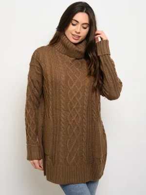 WOMEN'S LONG SLEEVE KNIT TURTLE NECK POCKETS SWEATER