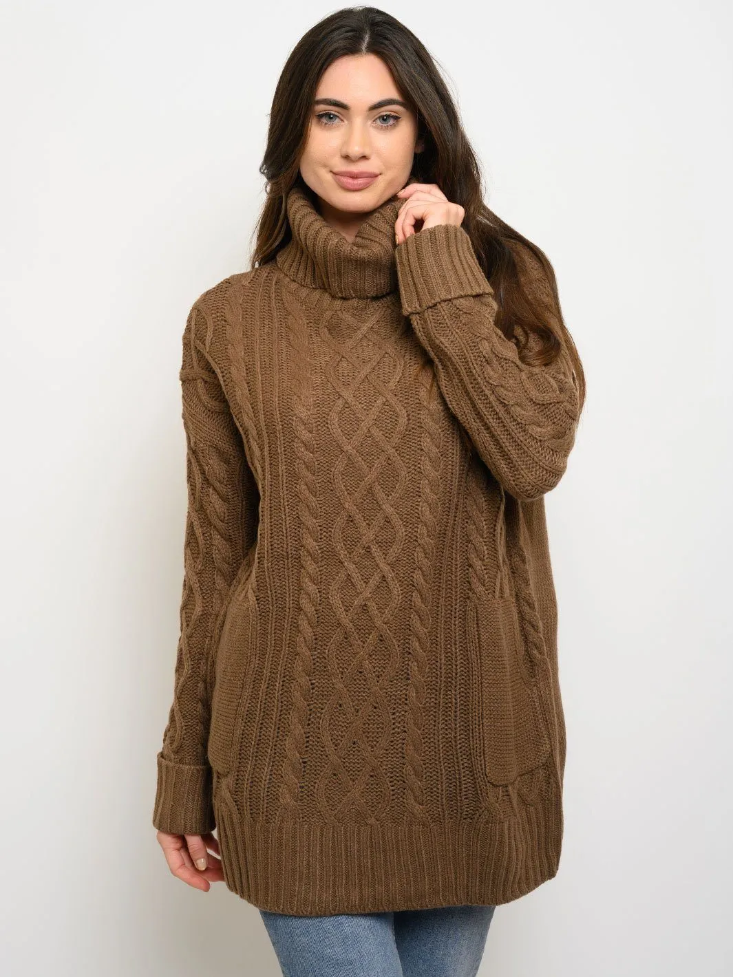 WOMEN'S LONG SLEEVE KNIT TURTLE NECK POCKETS SWEATER