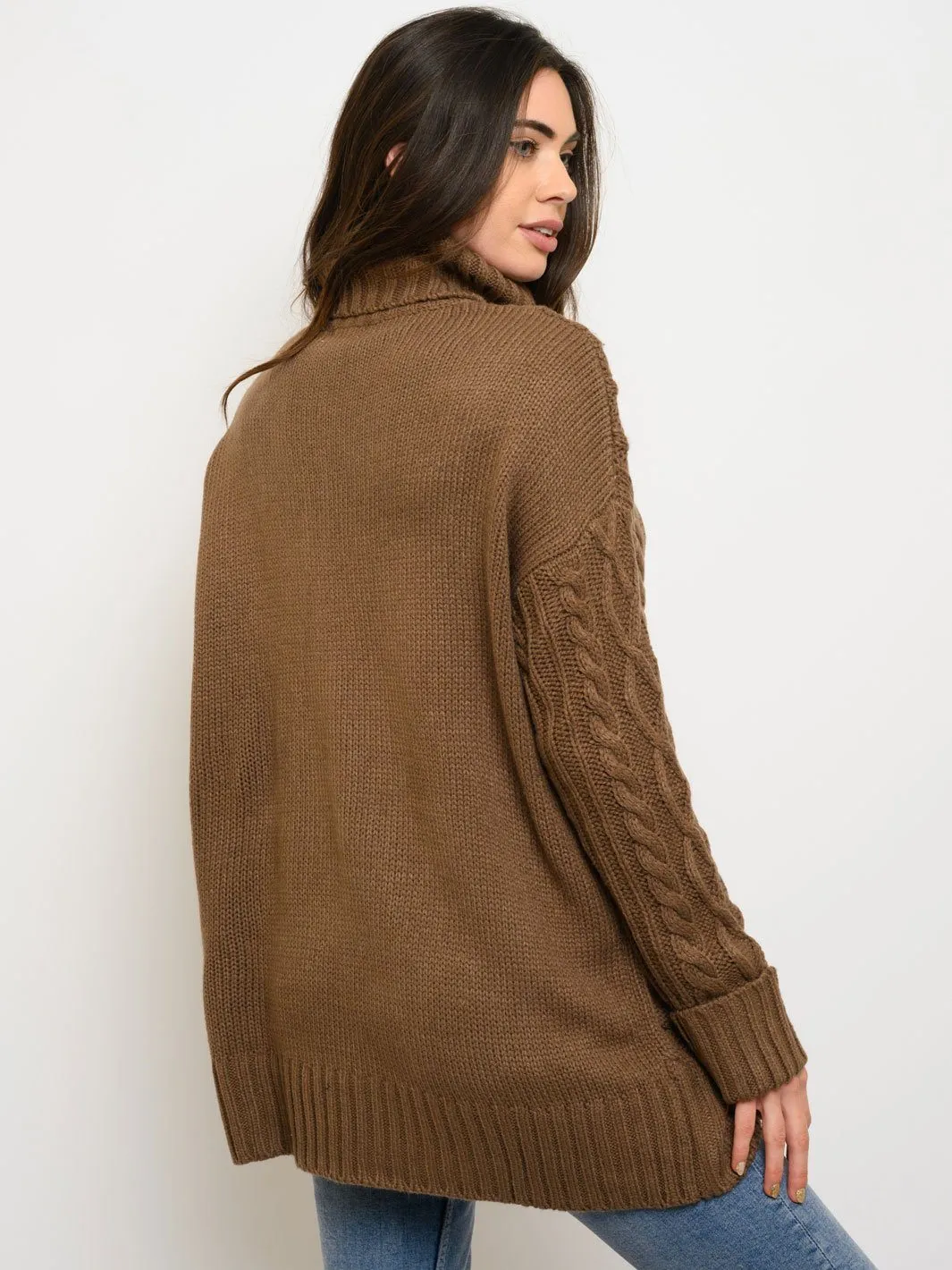 WOMEN'S LONG SLEEVE KNIT TURTLE NECK POCKETS SWEATER