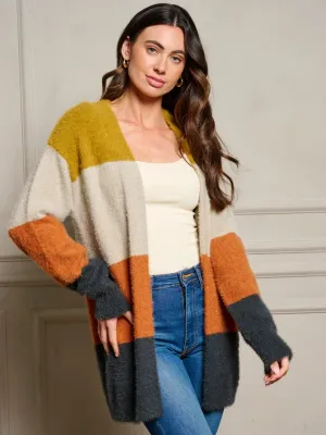 WOMEN'S LONG SLEEVE OPEN FRONT COLORBLOCK CARDIGAN
