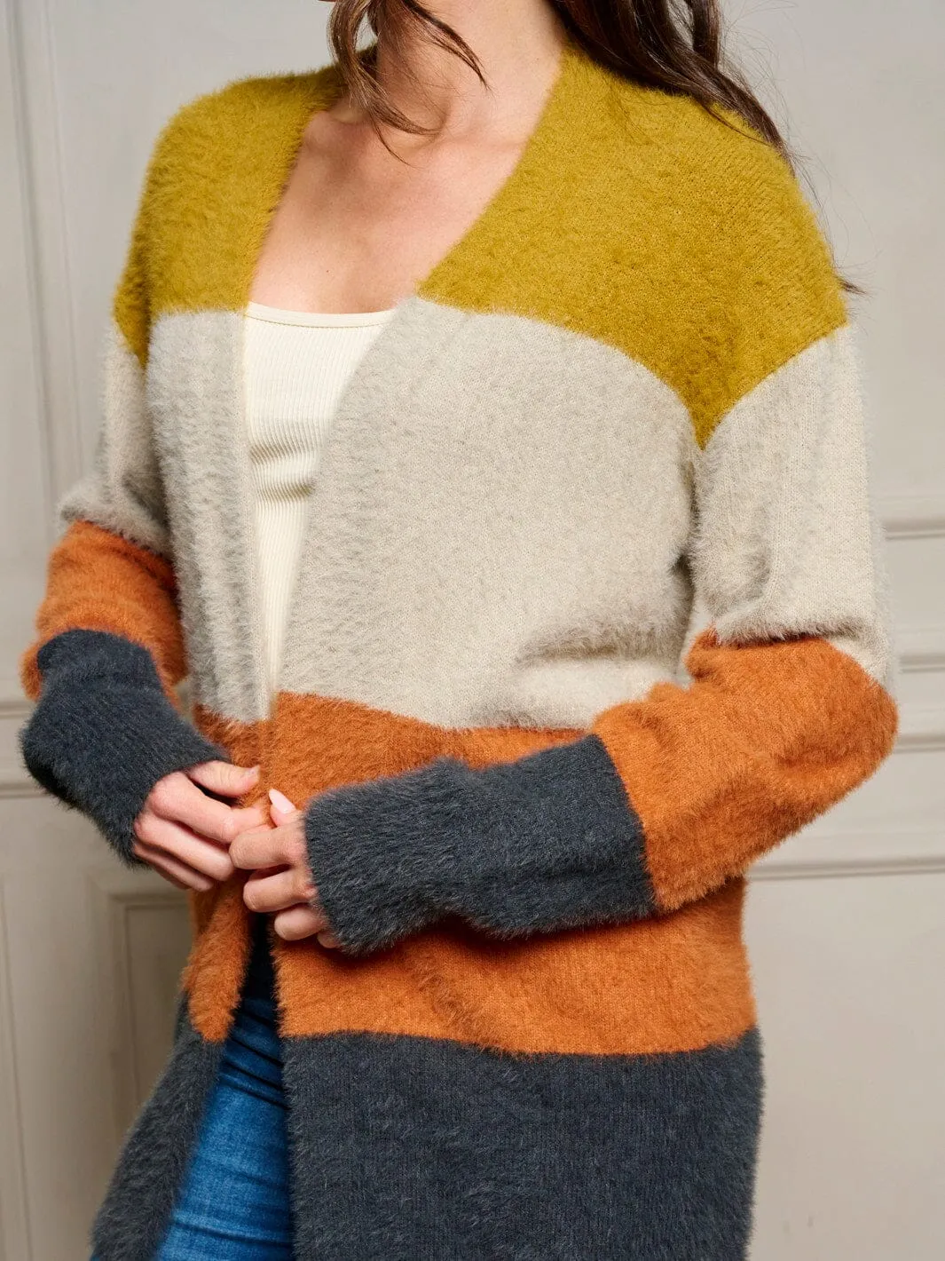 WOMEN'S LONG SLEEVE OPEN FRONT COLORBLOCK CARDIGAN