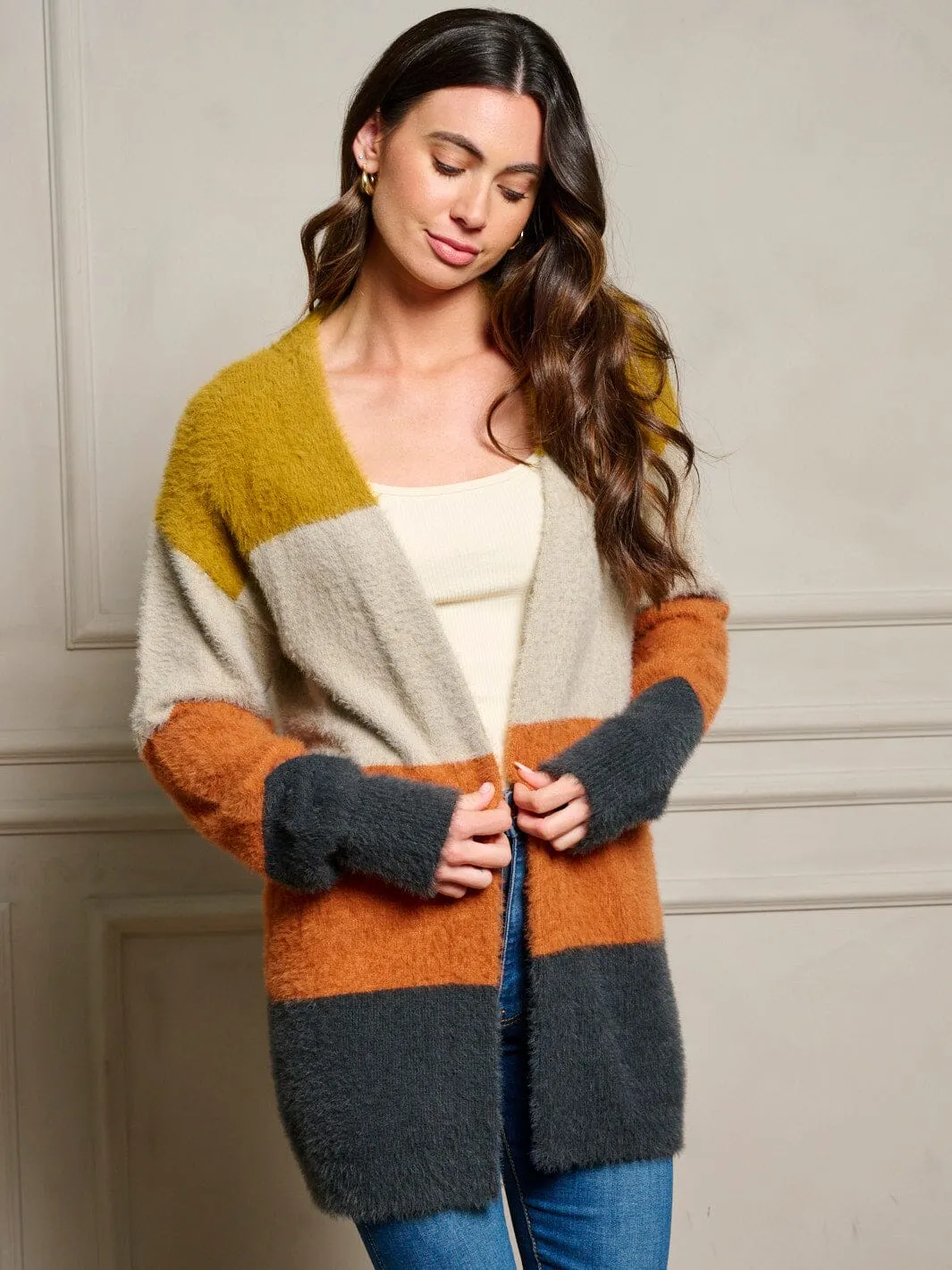 WOMEN'S LONG SLEEVE OPEN FRONT COLORBLOCK CARDIGAN