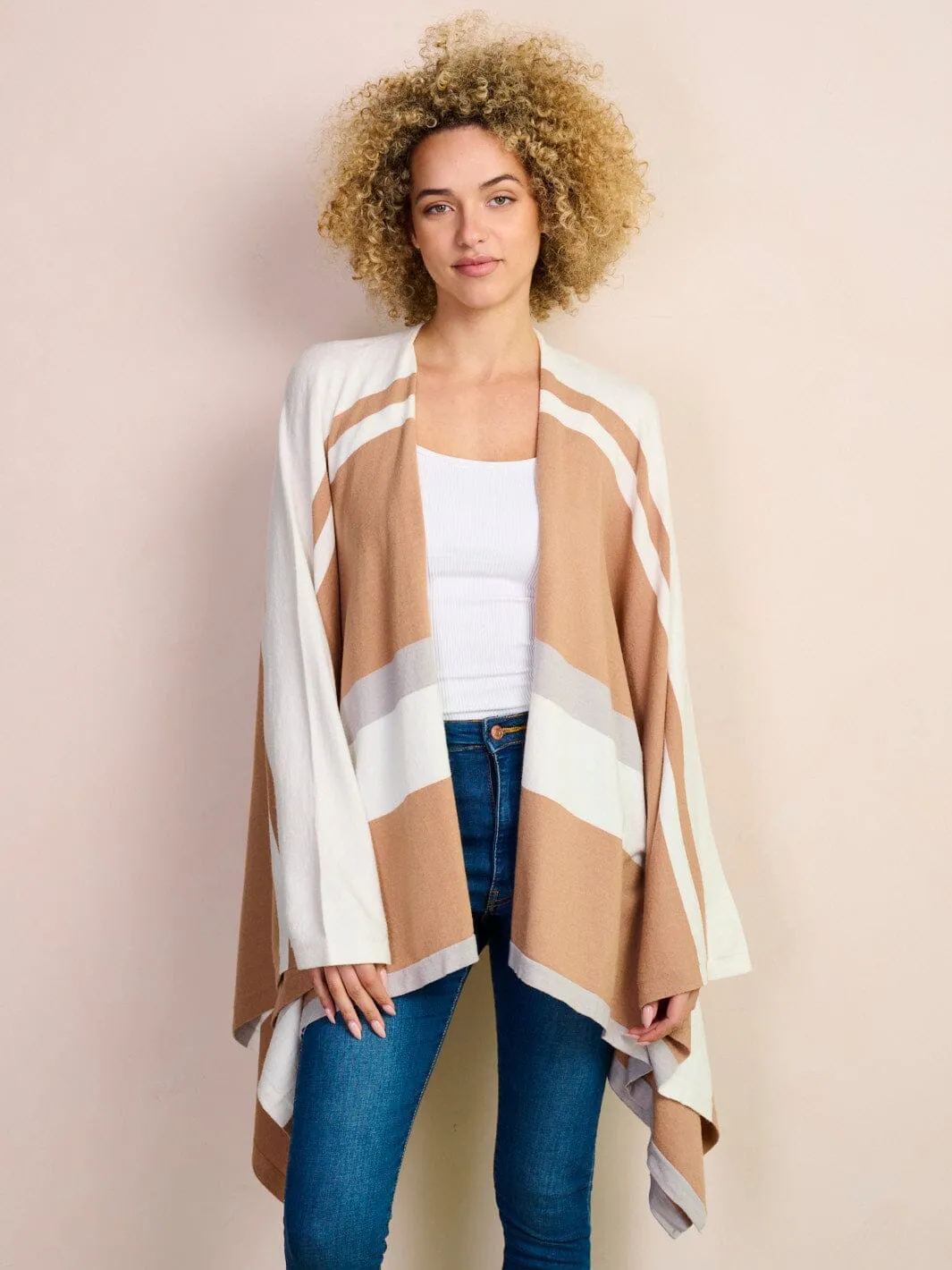 WOMEN'S LONG SLEEVE OPEN FRONT COLORBLOCK PONCHO