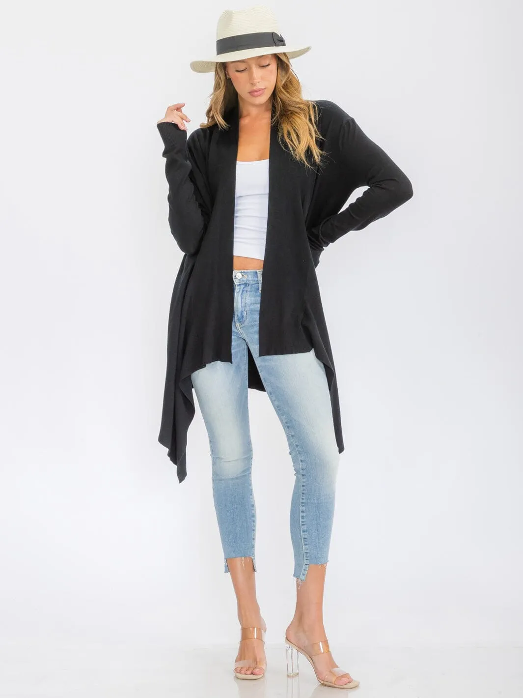 WOMEN'S LONG SLEEVE OPEN FRONT DRAPE CARDIGAN