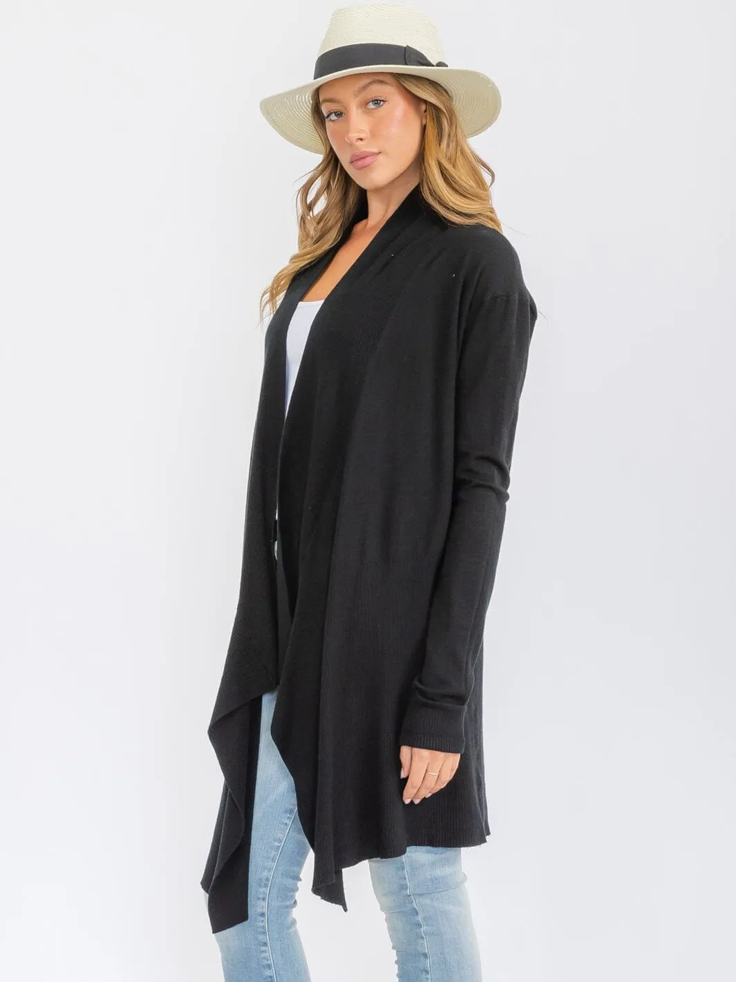 WOMEN'S LONG SLEEVE OPEN FRONT DRAPE CARDIGAN