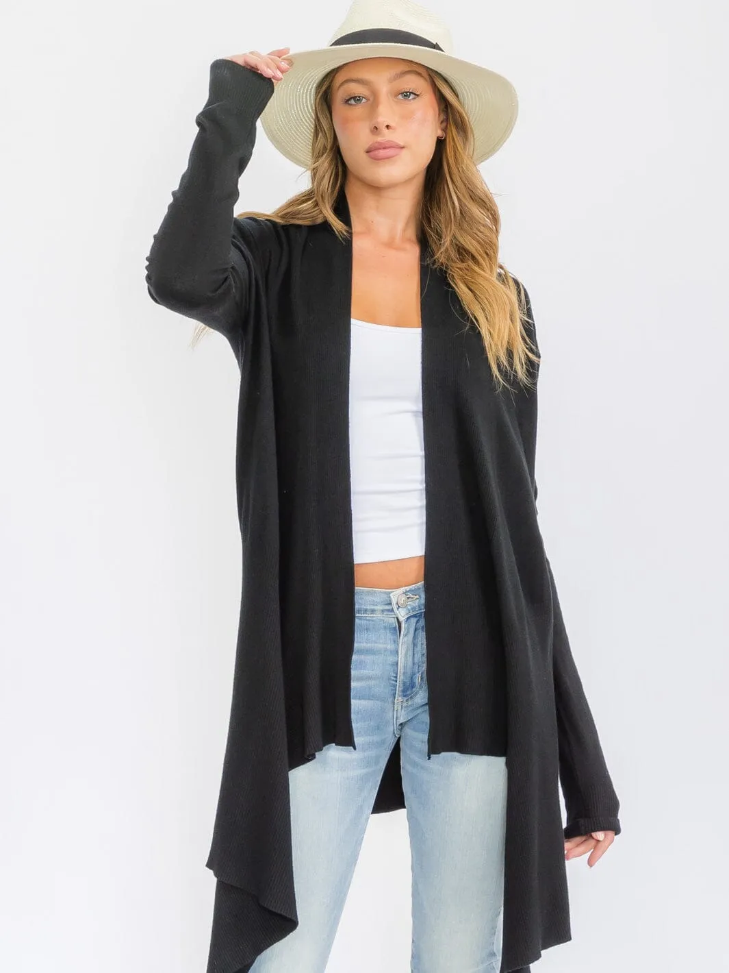 WOMEN'S LONG SLEEVE OPEN FRONT DRAPE CARDIGAN