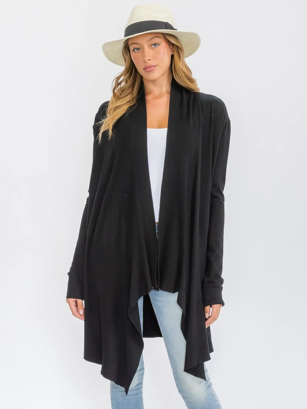 WOMEN'S LONG SLEEVE OPEN FRONT DRAPE CARDIGAN
