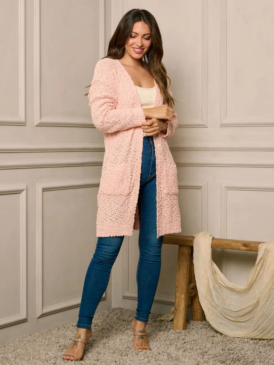 WOMEN'S LONG SLEEVE OPEN FRONT POCKETS CARDIGAN