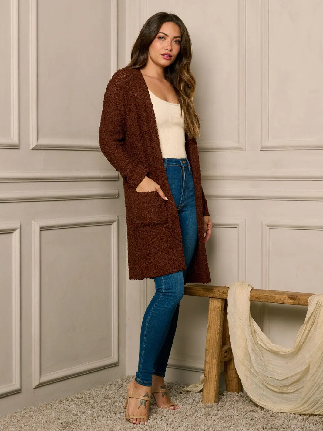 WOMEN'S LONG SLEEVE OPEN FRONT POCKETS CARDIGAN