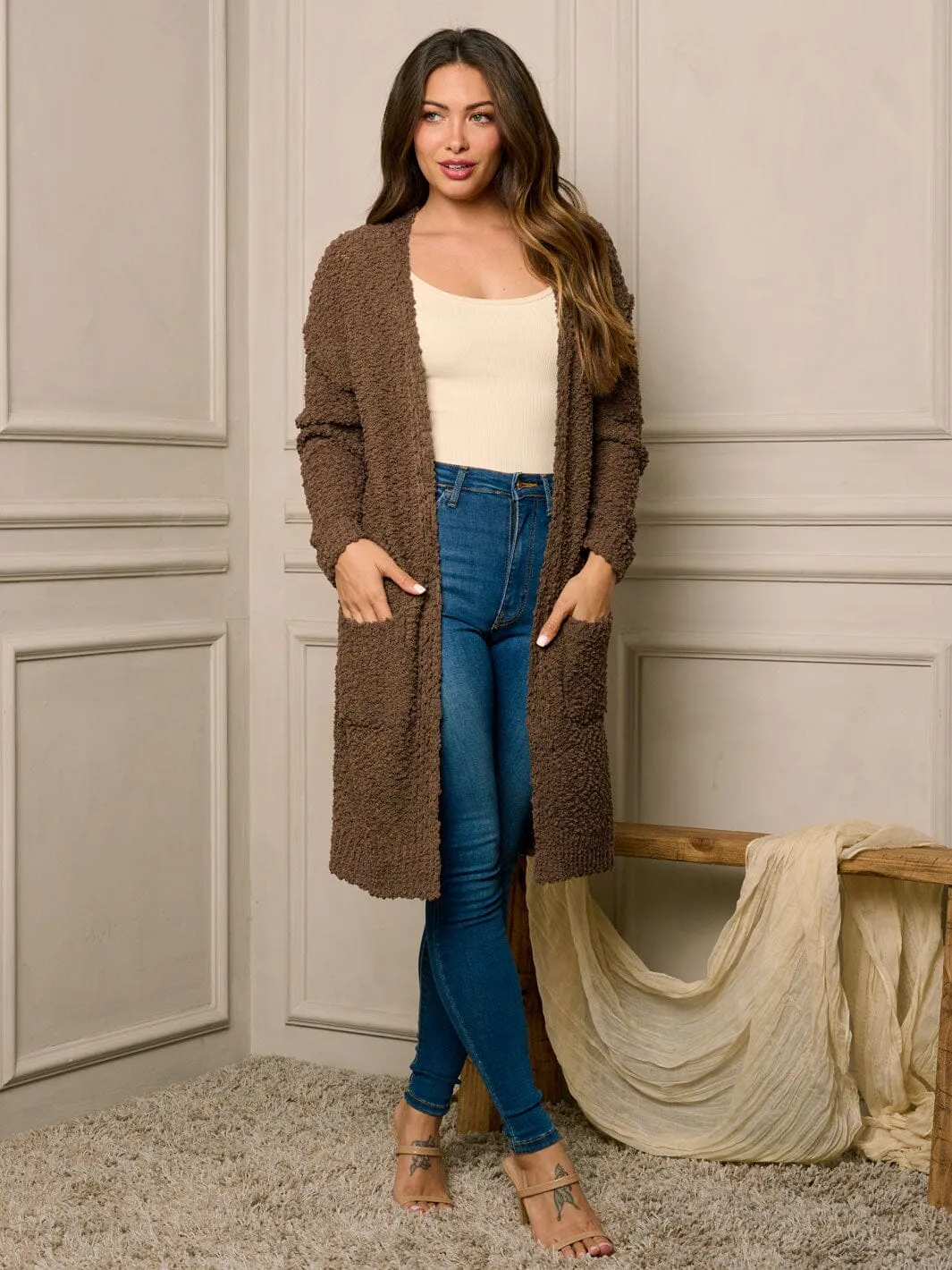WOMEN'S LONG SLEEVE OPEN FRONT POCKETS CARDIGAN
