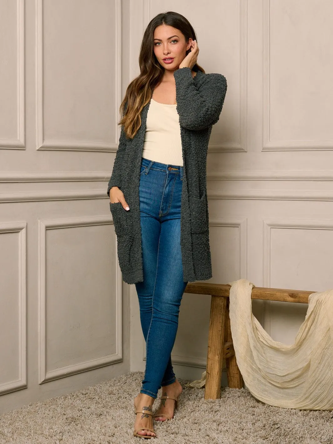 WOMEN'S LONG SLEEVE OPEN FRONT POCKETS CARDIGAN