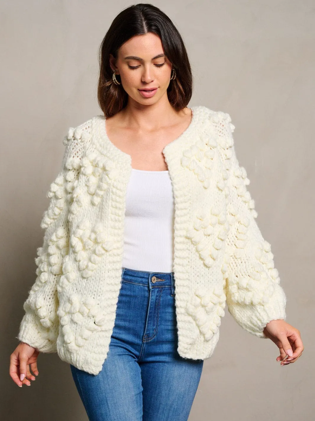 WOMEN'S LONG SLEEVE OPEN FRONT POM POM DETAILED CARDIGAN