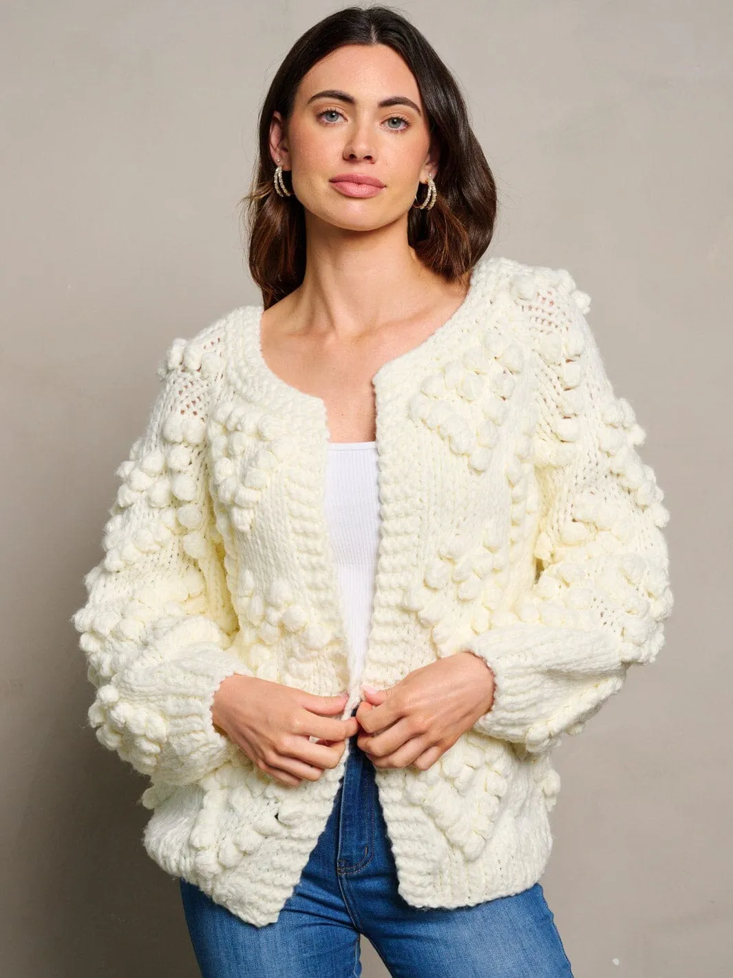 WOMEN'S LONG SLEEVE OPEN FRONT POM POM DETAILED CARDIGAN