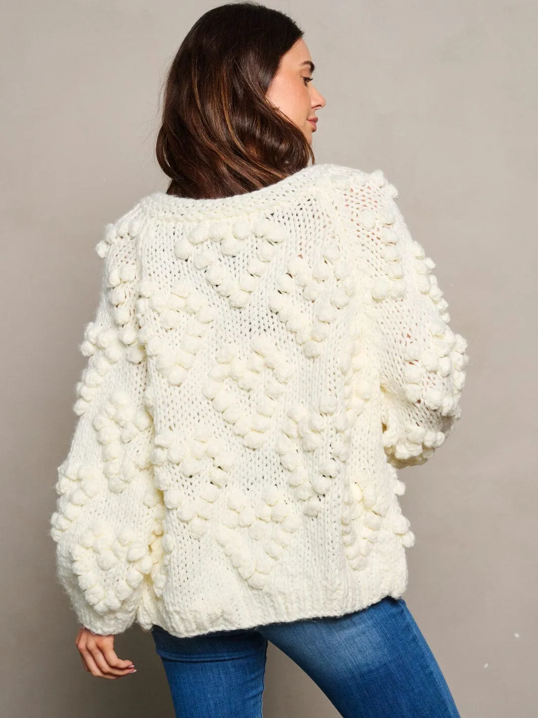 WOMEN'S LONG SLEEVE OPEN FRONT POM POM DETAILED CARDIGAN