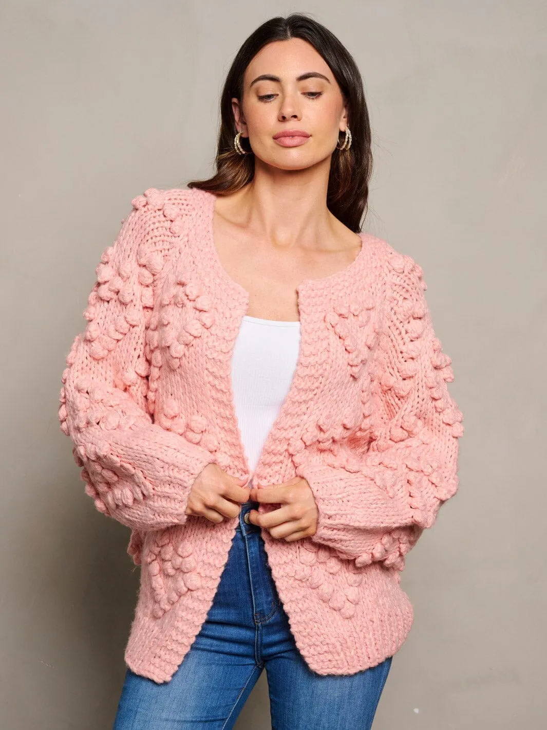 WOMEN'S LONG SLEEVE OPEN FRONT POM POM DETAILED CARDIGAN