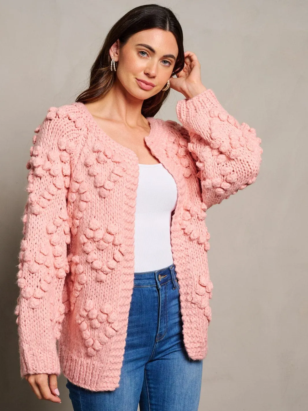 WOMEN'S LONG SLEEVE OPEN FRONT POM POM DETAILED CARDIGAN