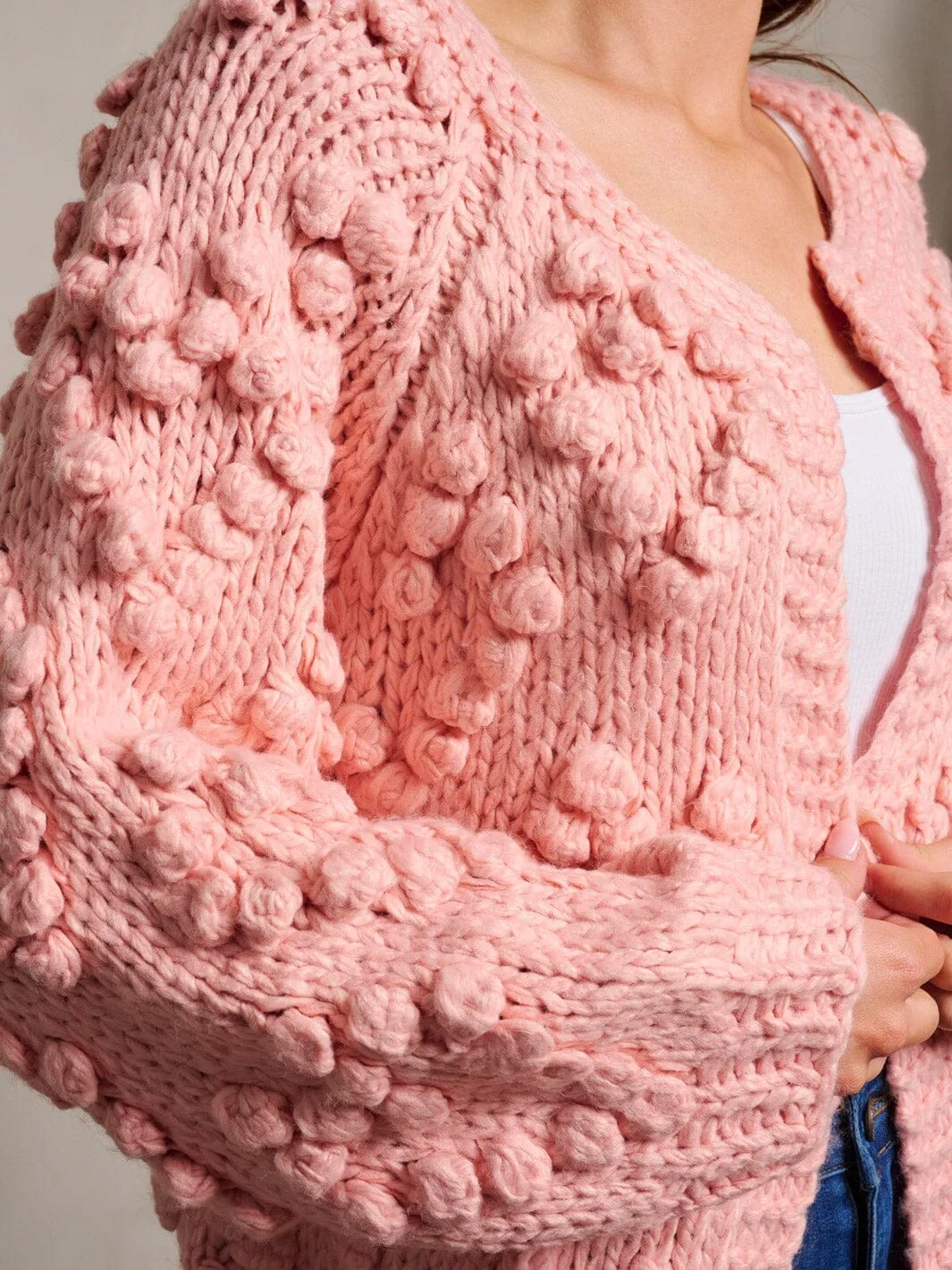 WOMEN'S LONG SLEEVE OPEN FRONT POM POM DETAILED CARDIGAN