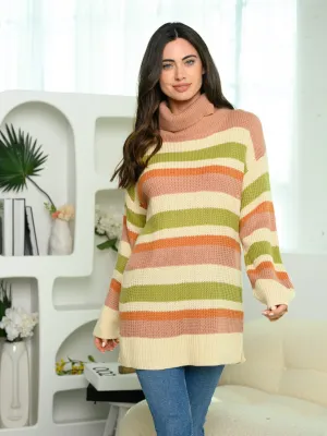 WOMEN'S LONG SLEEVE TURTLE NECK COLOR BLOCK SWEATER