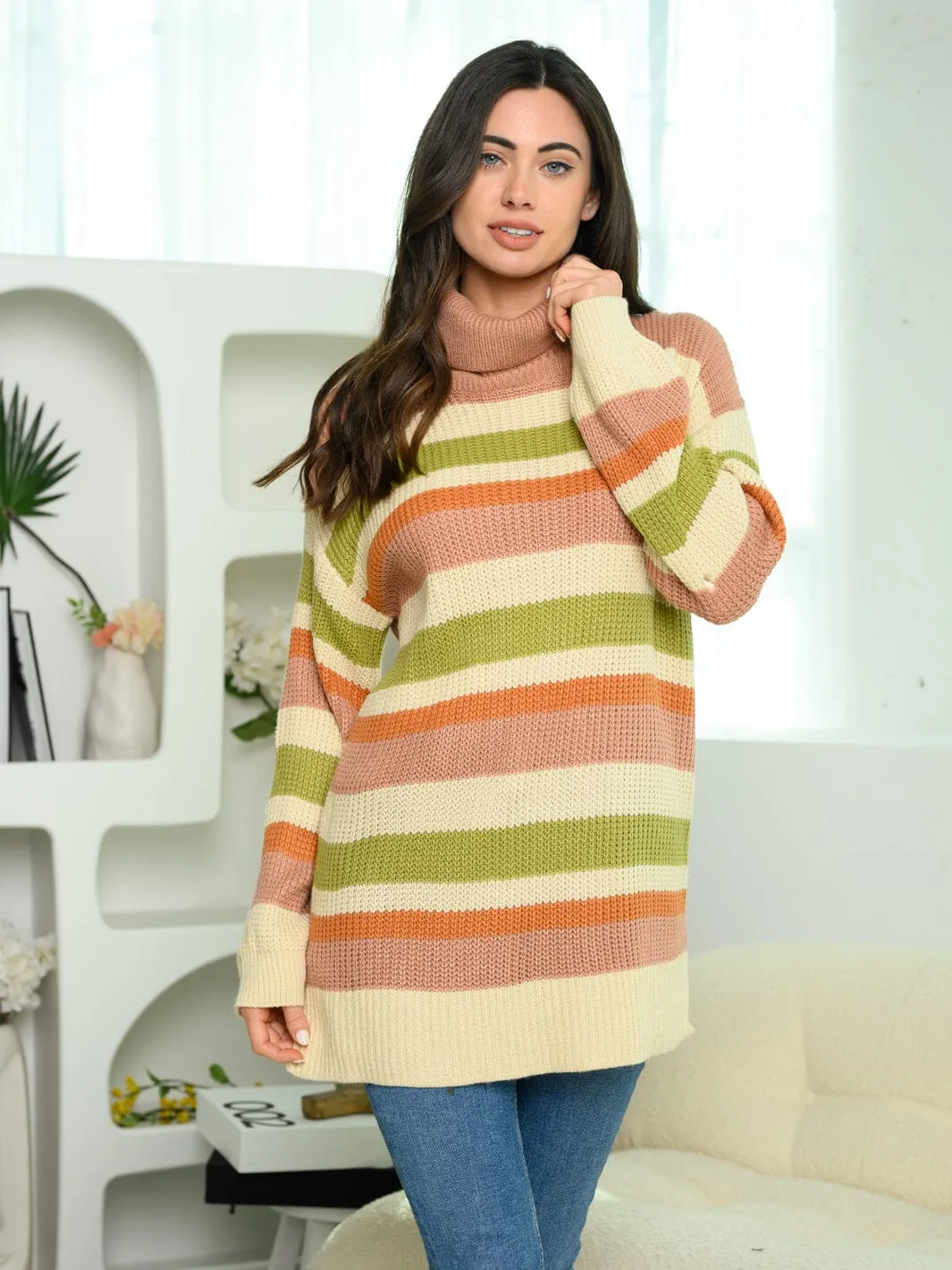 WOMEN'S LONG SLEEVE TURTLE NECK COLOR BLOCK SWEATER