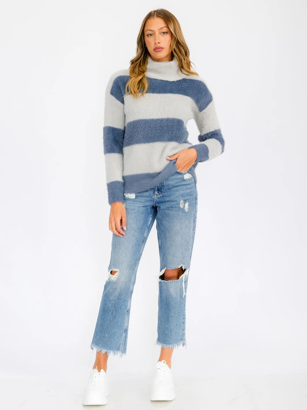 WOMEN'S LONG SLEEVE TURTLE NECK COLORBLOCK PULLOVER SWEATER