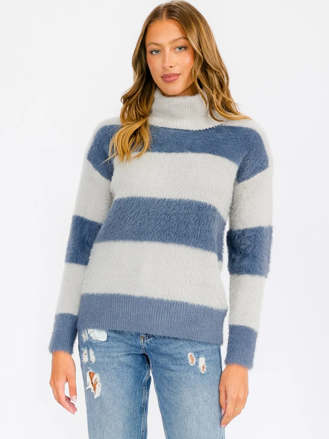 WOMEN'S LONG SLEEVE TURTLE NECK COLORBLOCK PULLOVER SWEATER