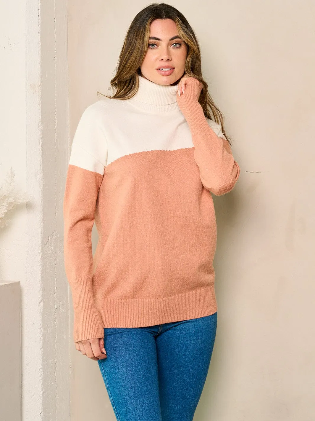 WOMEN'S LONG SLEEVE TURTLE NECK COLORBLOCK TOP