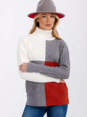 WOMEN'S LONG SLEEVE TURTLE NECK DETAILED COLORBLOCK PULLOVER SWEATER