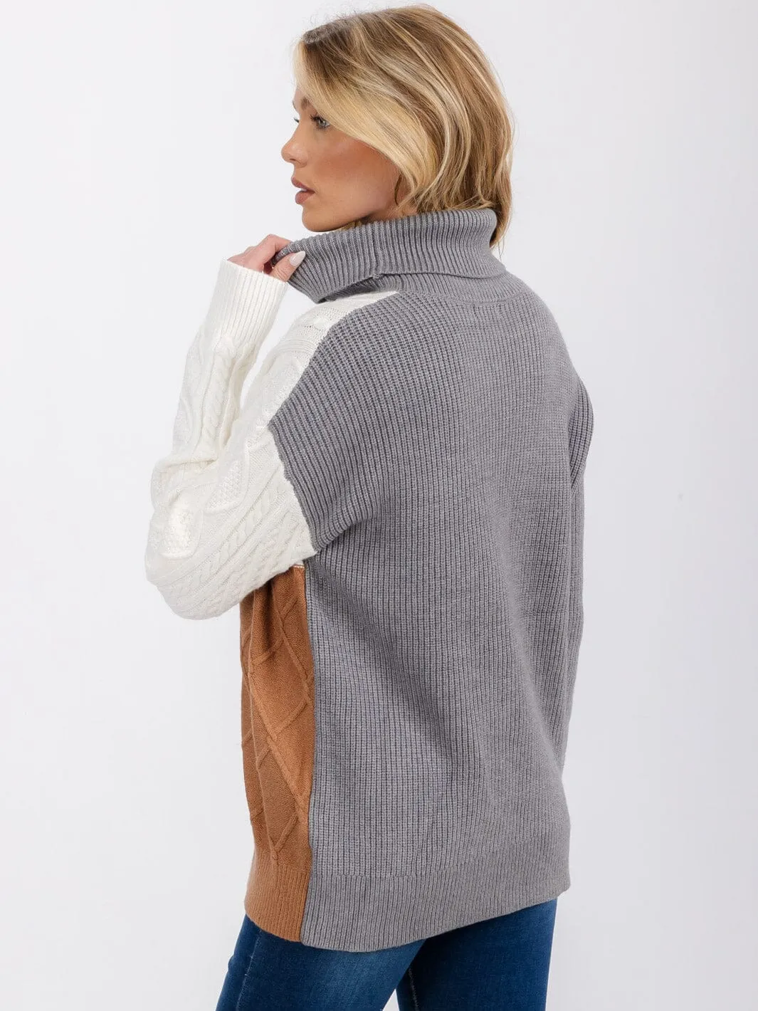 WOMEN'S LONG SLEEVE TURTLE NECK DETAILED COLORBLOCK PULLOVER SWEATER