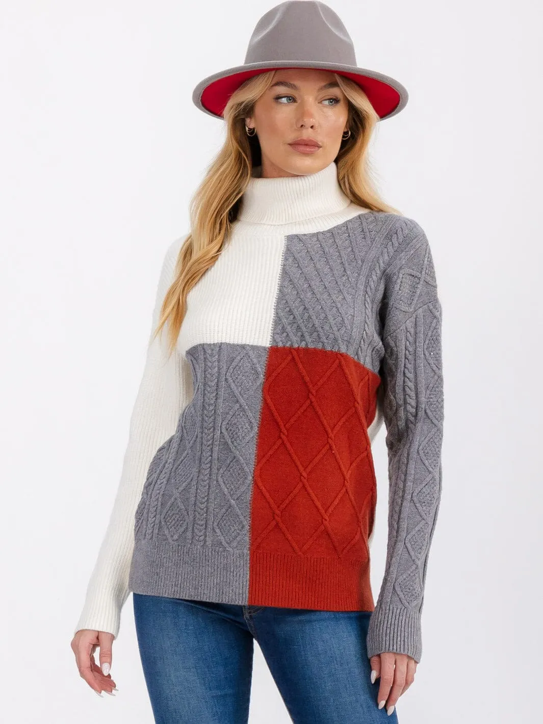 WOMEN'S LONG SLEEVE TURTLE NECK DETAILED COLORBLOCK PULLOVER SWEATER