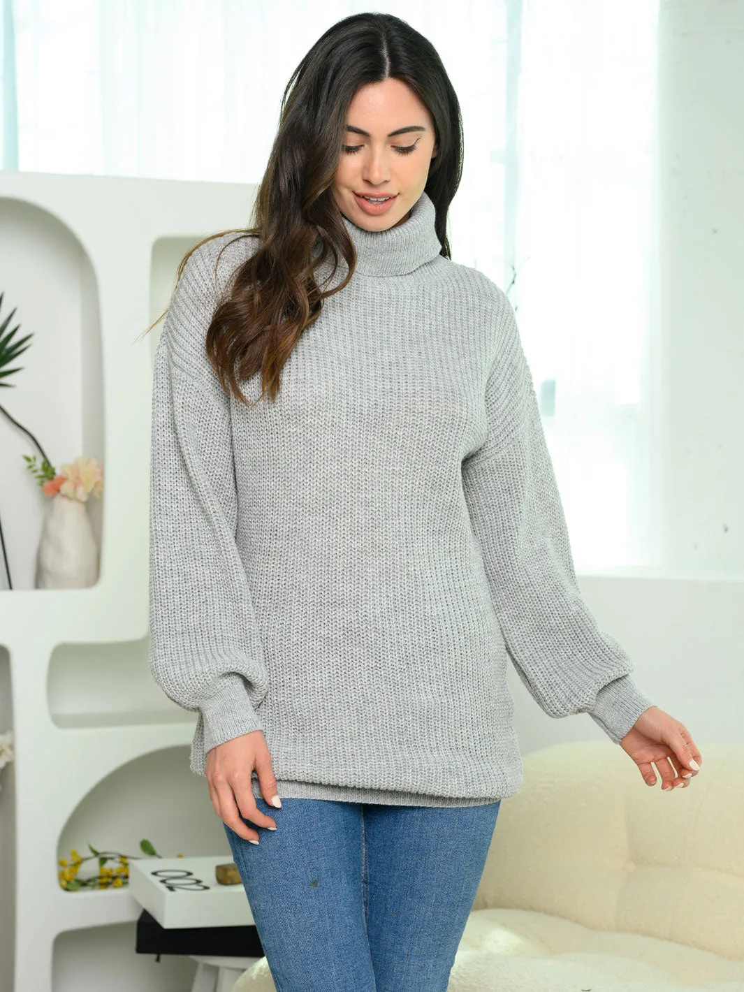 WOMEN'S LONG SLEEVE TURTLE NECK KNIT SWEATER
