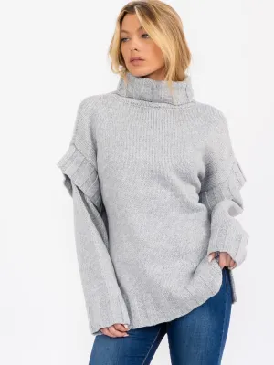 WOMEN'S LONG SLEEVE TURTLE NECK RUFFLE DETAILED PULLOVER SWEATER