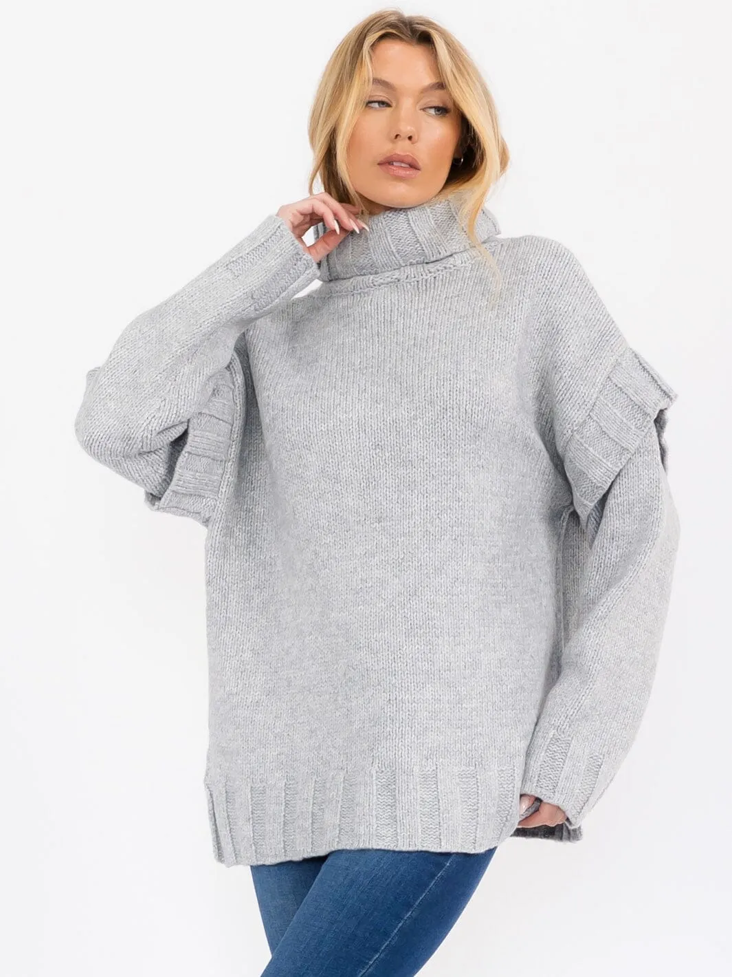 WOMEN'S LONG SLEEVE TURTLE NECK RUFFLE DETAILED PULLOVER SWEATER