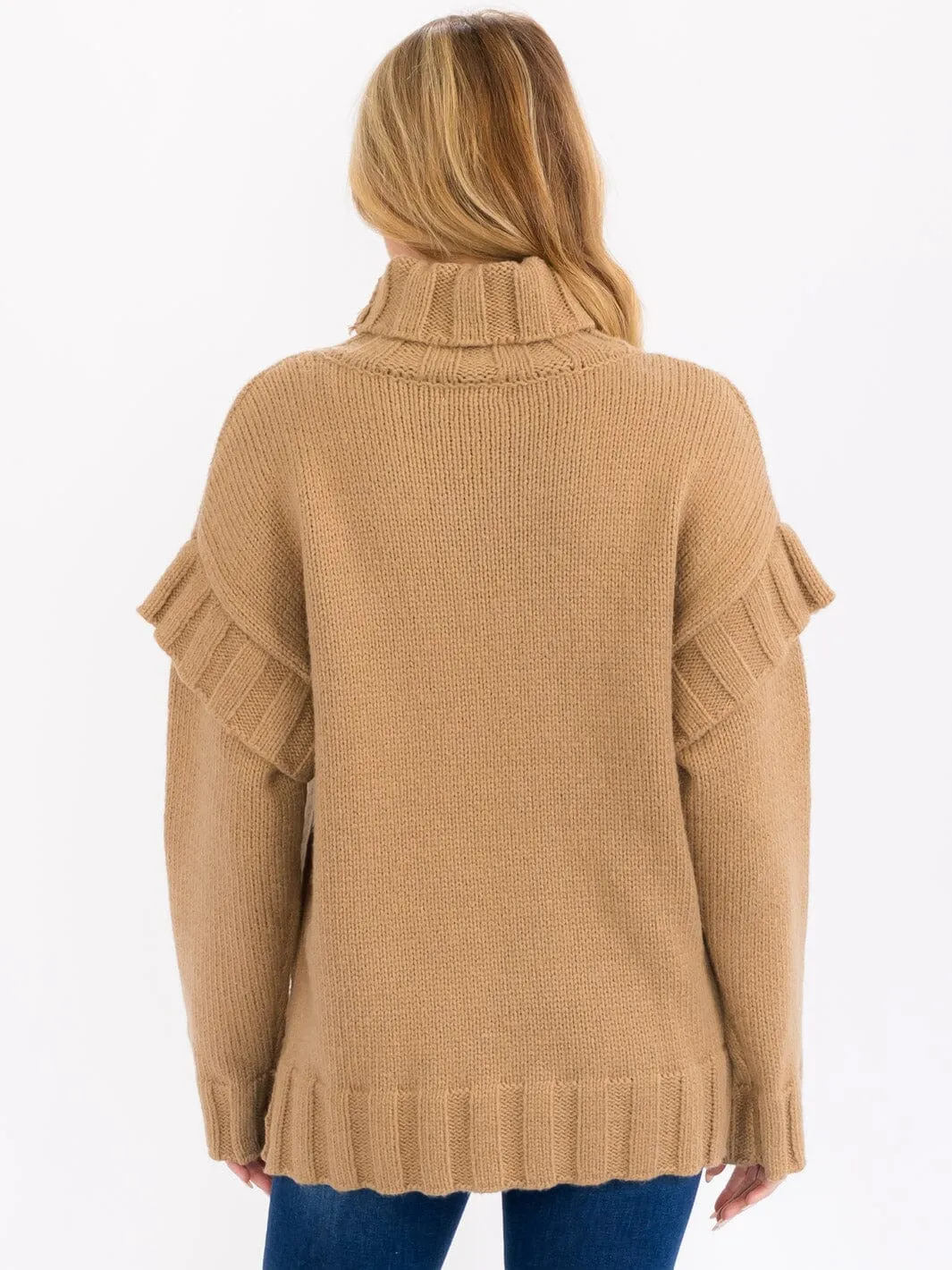 WOMEN'S LONG SLEEVE TURTLE NECK RUFFLE DETAILED PULLOVER SWEATER