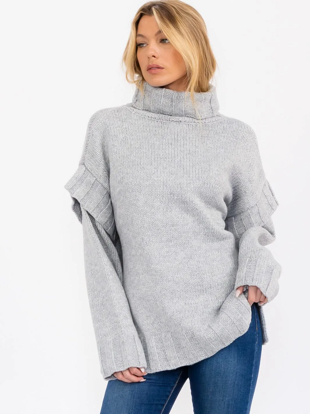 WOMEN'S LONG SLEEVE TURTLE NECK RUFFLE DETAILED PULLOVER SWEATER