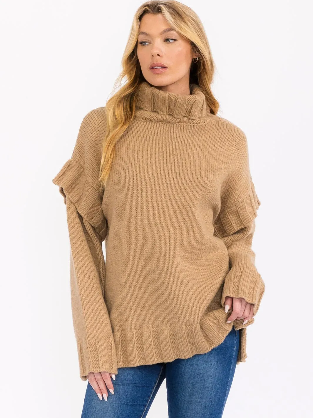 WOMEN'S LONG SLEEVE TURTLE NECK RUFFLE DETAILED PULLOVER SWEATER