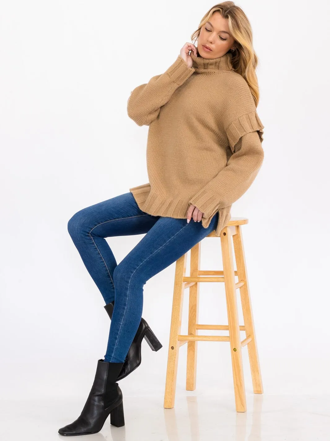 WOMEN'S LONG SLEEVE TURTLE NECK RUFFLE DETAILED PULLOVER SWEATER