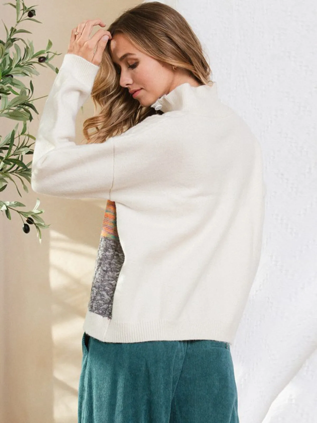 WOMEN'S LONG SLEEVE ZIP UP COLLAR MULTI COLOR SWEATER